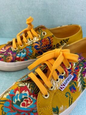Superga Mustard Yellow Floral Embroidered Low-Top Sneakers